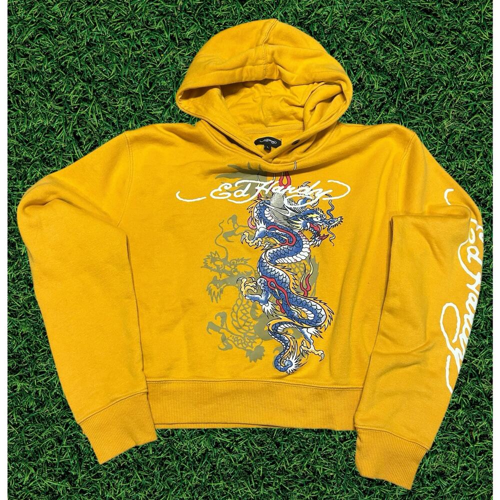 Vintage Ed Hardy Tattoo Dragon Pullover Hoodie Yellow L - Picture 2 of 3